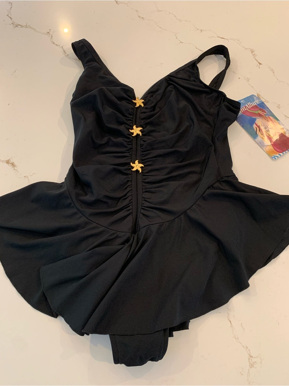 Slim Allure Black One-Piece Size 20W  Gold Starfish Vintage 80’s Union Made NEW